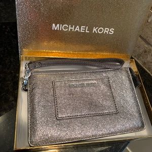 NWT Michael Kors metallic silver wristlet and gift wrap